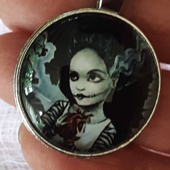 Bride of Frankenstein Cabochon Key Ring Handcrafted With Necklace Chain Goth - Picture 4 of 8